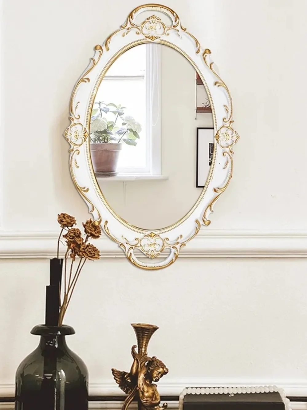 Ornate White and Gold Oval Wall Mirror - Classic Decorative Accent